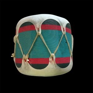 Colorful Wooden Pueblo Souvenir Drum with Rawhide Lacing and Covers Collectible